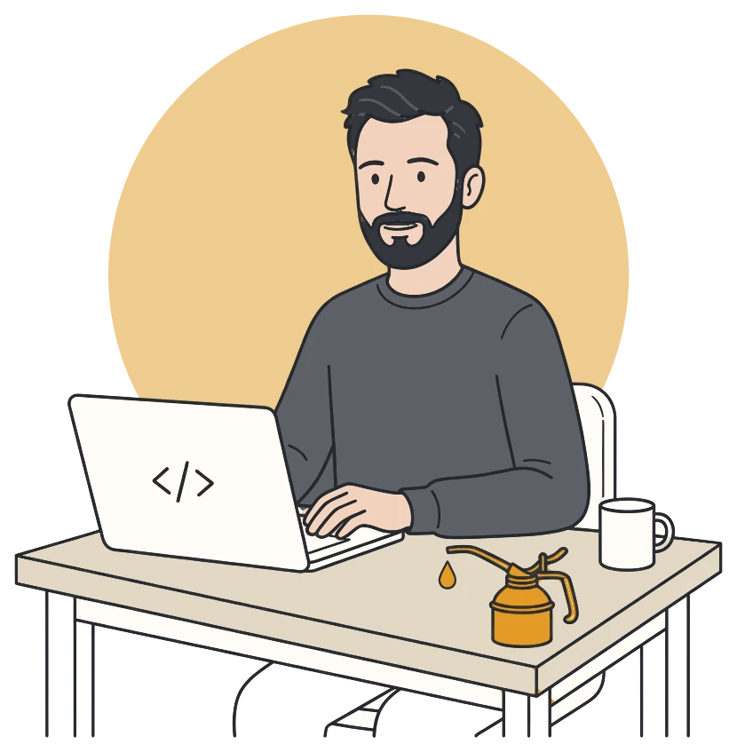 Illustration de Maxime, barbu, en pull gris, assis à son bureau devant son ordinateur, avec une burette d'huile à côté de lui.